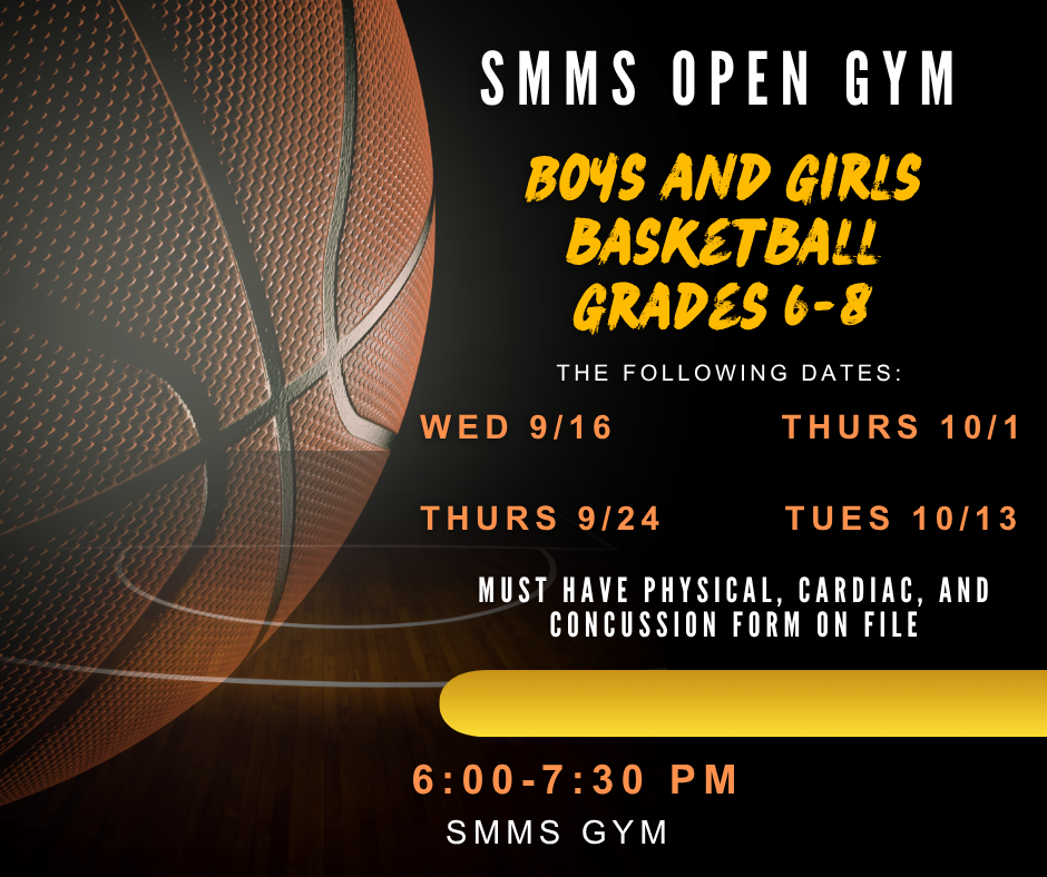 Open gym begins this week. Student must have a completed physical, cardiac, and concussion form on file to participate. 