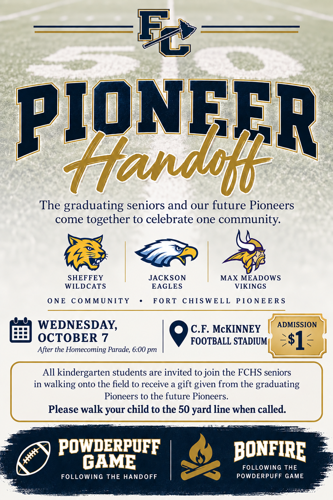 Pioneer Handoff flyer advertised at the CF McKinney Football Stadium with $1 admission. All kindergarten students will be walked to the 50 yard line when called.