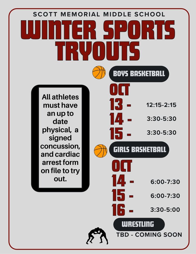 Boys Basketball tryouts are 10/13 from 12:15-2:15 and 10/14 and 10/15 from 3:30-5:30. Girls tryous are 10/14 and 10/15 from 6:00-7:30 and 10/16 from 3:30-5:00. Students must have an updated physical, concussion and cardiac arrest form on file to try out. Wrestling dates will be announced at a later time. 