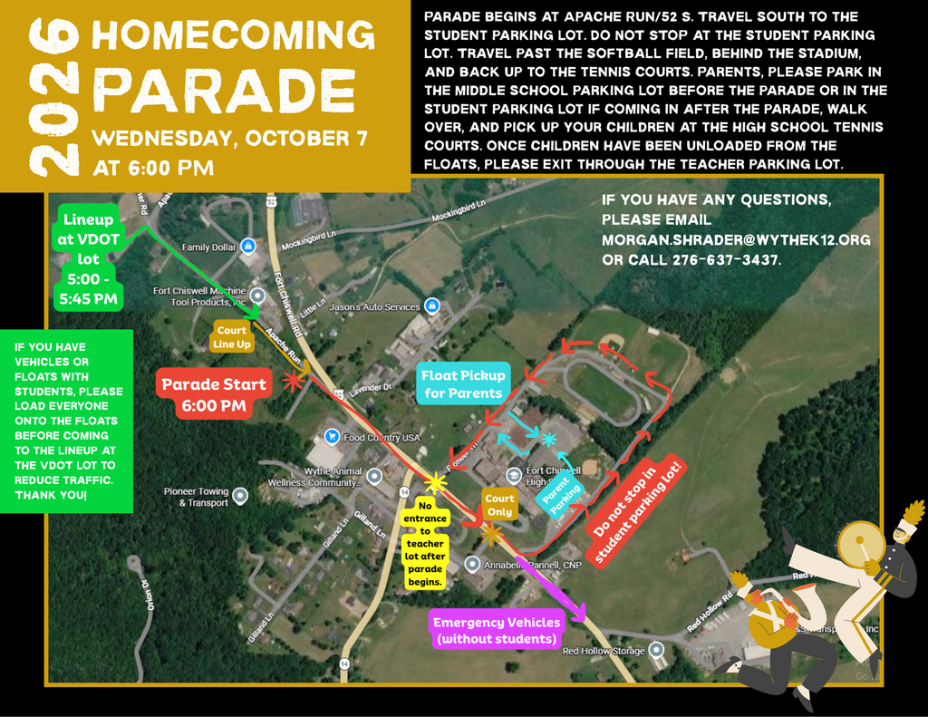 2026 Homecoming Parade. Wednesday, October 7 at 6:00 PMParade begins at Apache Run/52 S. Travel south to the student parking lot. DO NOT STOP at the student parking lot. Travel past the softball field, behind the stadium, and back up to the tennis courts. Parents, please park in the middle school parking lot before the parade or in the student parking lot if coming in after the parade, walk over, and pick up your children at the high school tennis courts. Once children have been unloaded from the floats, please exit through the teacher parking lot. Lineup at VDOT lot 5:00-5:45 PM.