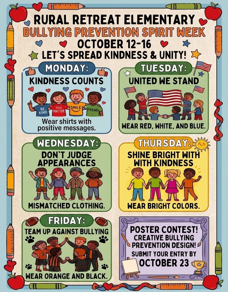 Bullying Prevention Spirit Week is coming October 12-16.
