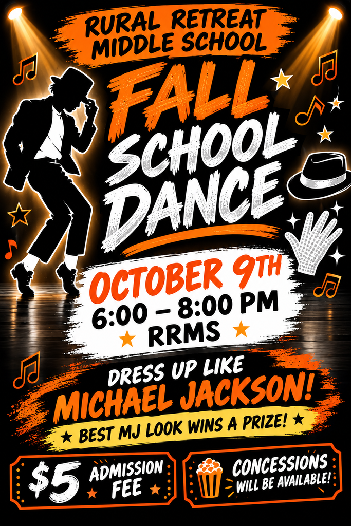 A poster features a person in a Michael Jackson pose with text: "FALL SCHOOL DANCE." Date: October 9th, 6:00-8:00 PM. Admission: $5, concessions available. Dress like Michael Jackson for a prize.