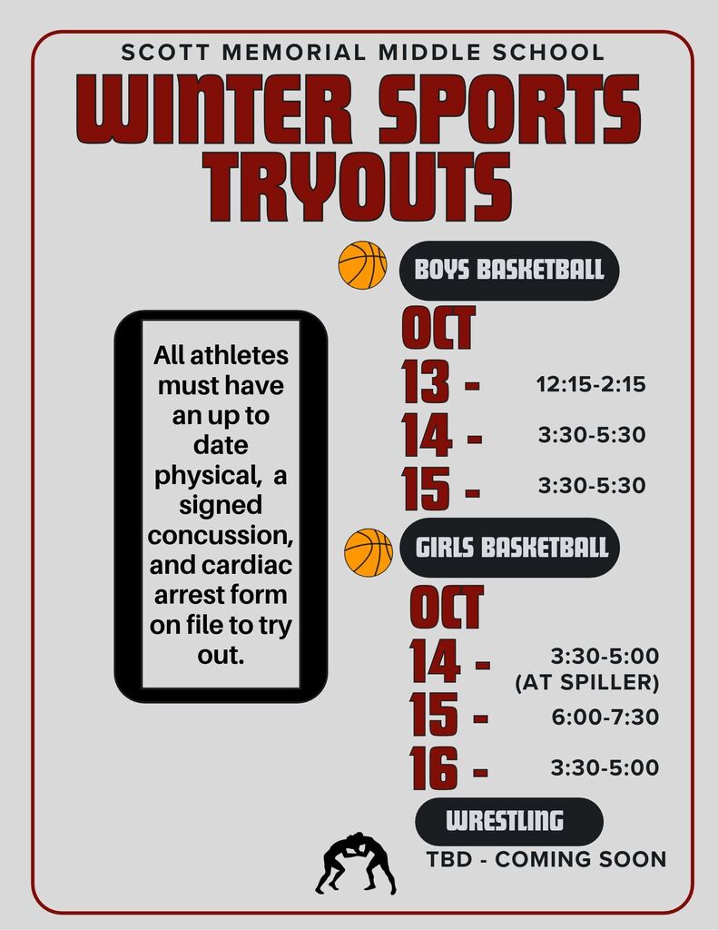Boys Basketball tryouts are 10/13 from 12:15-2:15 and 10/14 and 10/15 from 3:30-5:30. Girls tryous are 10/14 from 3:30 5:00 at Spiller Elementary (students will ride bus 40 over to Spiller), 10/15 from 6:00-7:30 and 10/16 from 3:30-5:00. Students must have an updated physical, concussion and cardiac arrest form on file to try out. Wrestling dates will be announced at a later time.