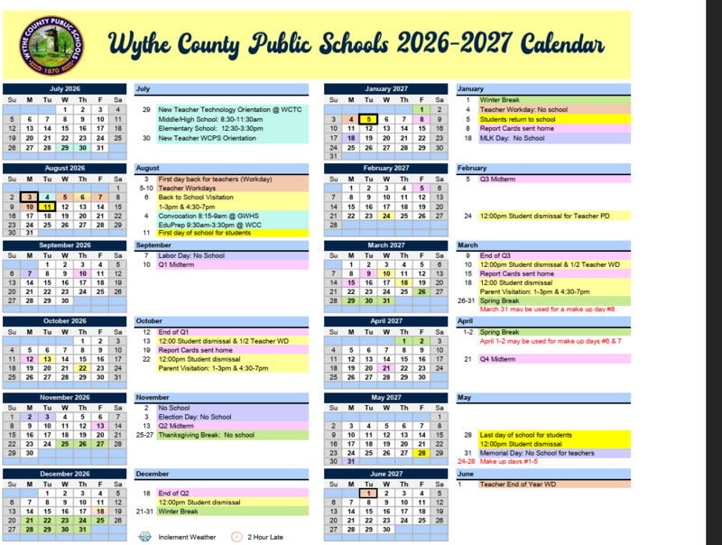 2026-2027 WCPS School Calendar