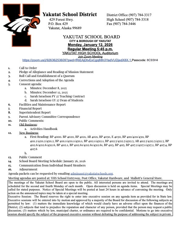 1/12/26 School Board Meeting Agenda 