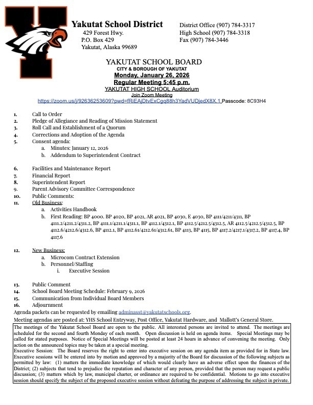 1/26/26 School board meeting agenda