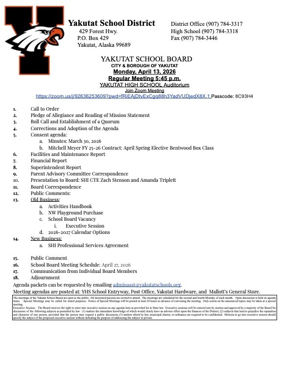 4/13/26 school board meeting agenda