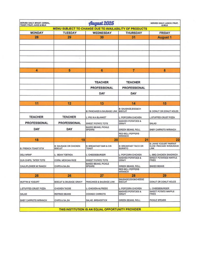 YPS August 2025 Dining Menu
