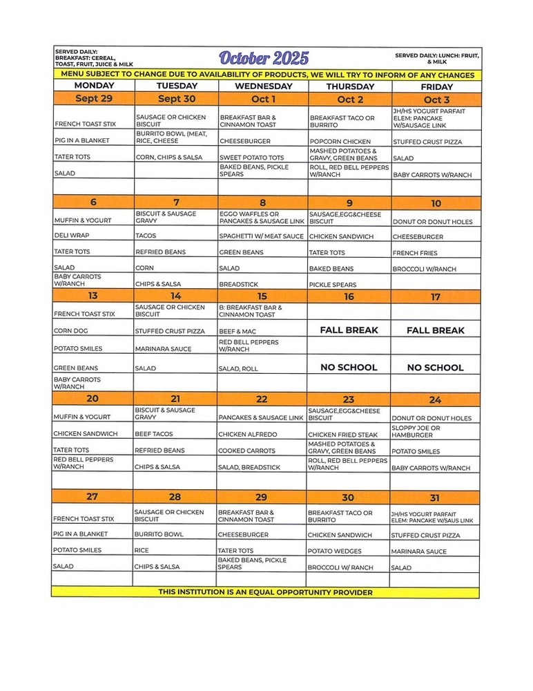 October Dining Menu