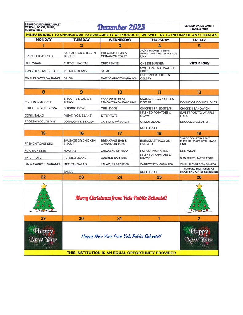 December 2025 menu