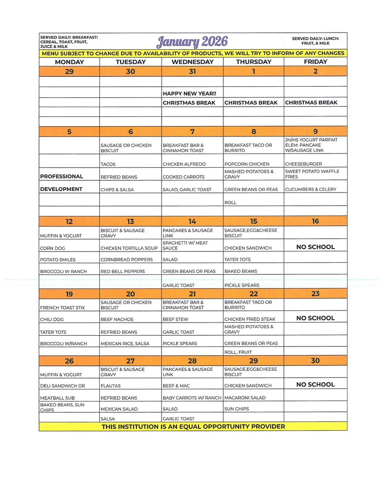 JAN 2026 MENU