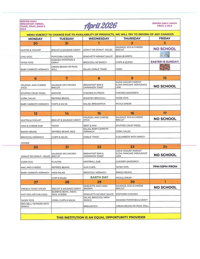 April  2026 menu