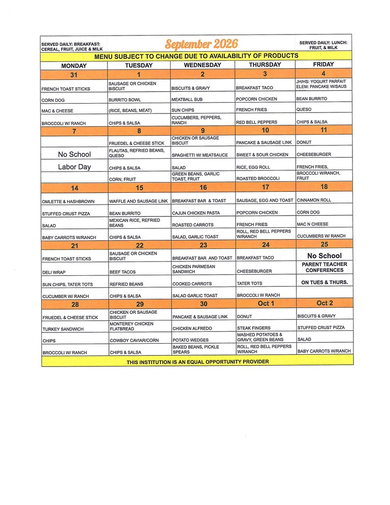 SEPTEMBER 2026 MENU
