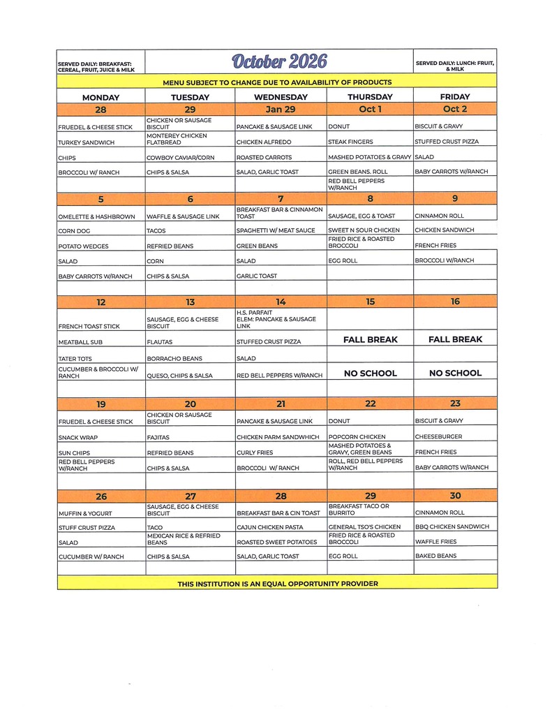 october 2026 menu