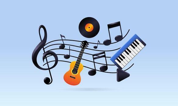 music notes on a scale with guitar, keyboard and record
