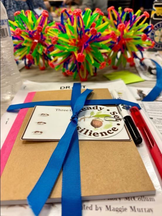 book with ribbon on it and sensory toys in the background