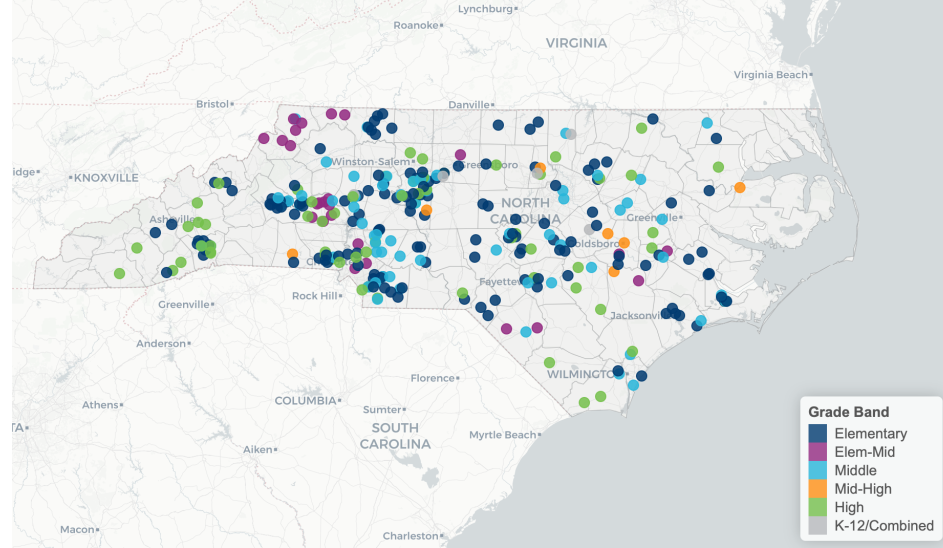 map of north carolina with blue, purple, green and yellow dots