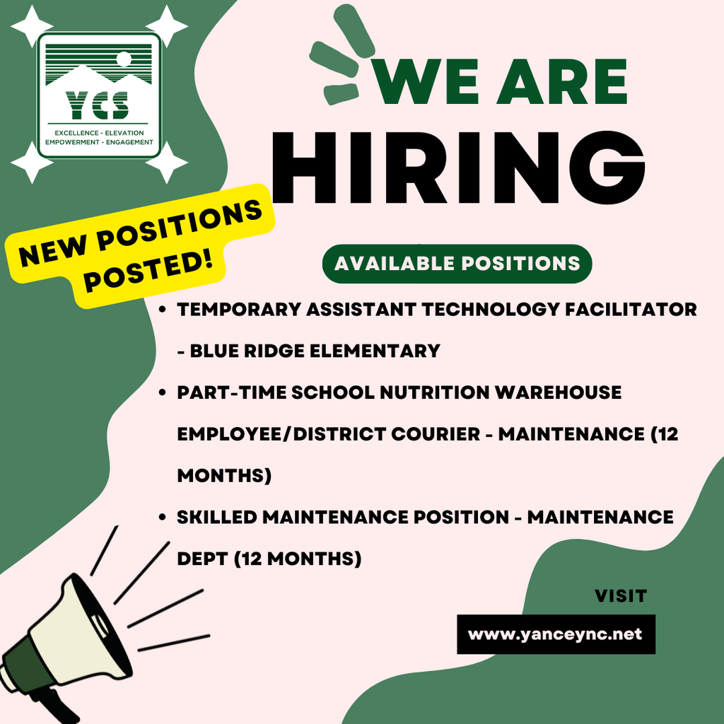 we are hiring new positions posted Temporary Assistant Technology Facilitator - Blue Ridge Elementary Part-time School Nutrition Warehouse Employee/District Courier - Maintenance (12 months) Skilled Maintenance Position - Maintenance Department (12 months)
