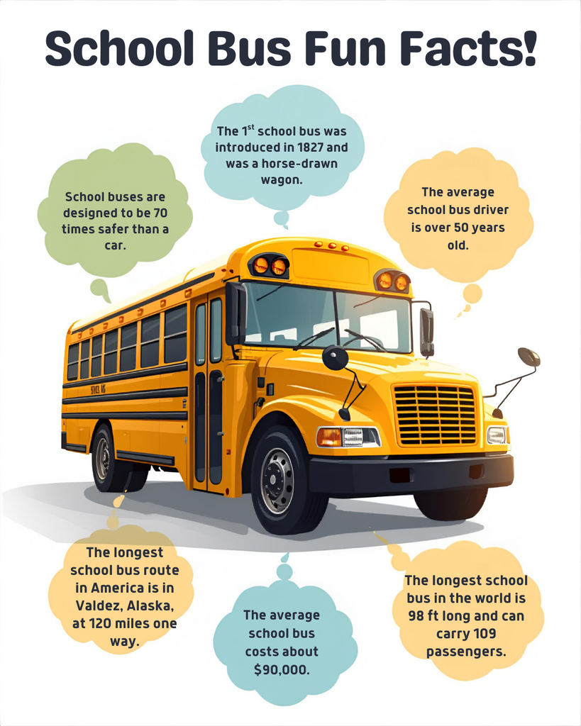 School bus fun facts! School buses are designed to be 70 times safer than a car. The 1st school bus was introduced in 1827 and was a horse-drawn wagon. The average school bus driver is over 50 years old. The longest school bus in the world is 98 ft long and can carry 109 passengers. The average school bus costs about $90,000. The longest school bus route in America is in Valdez, Alaska, at 120 miles one way.