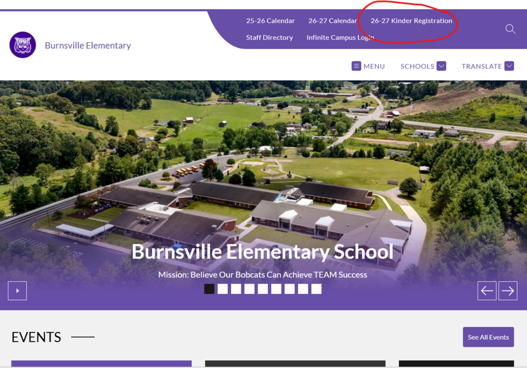 Webpage with 26-27 Kinder Registration circled in red