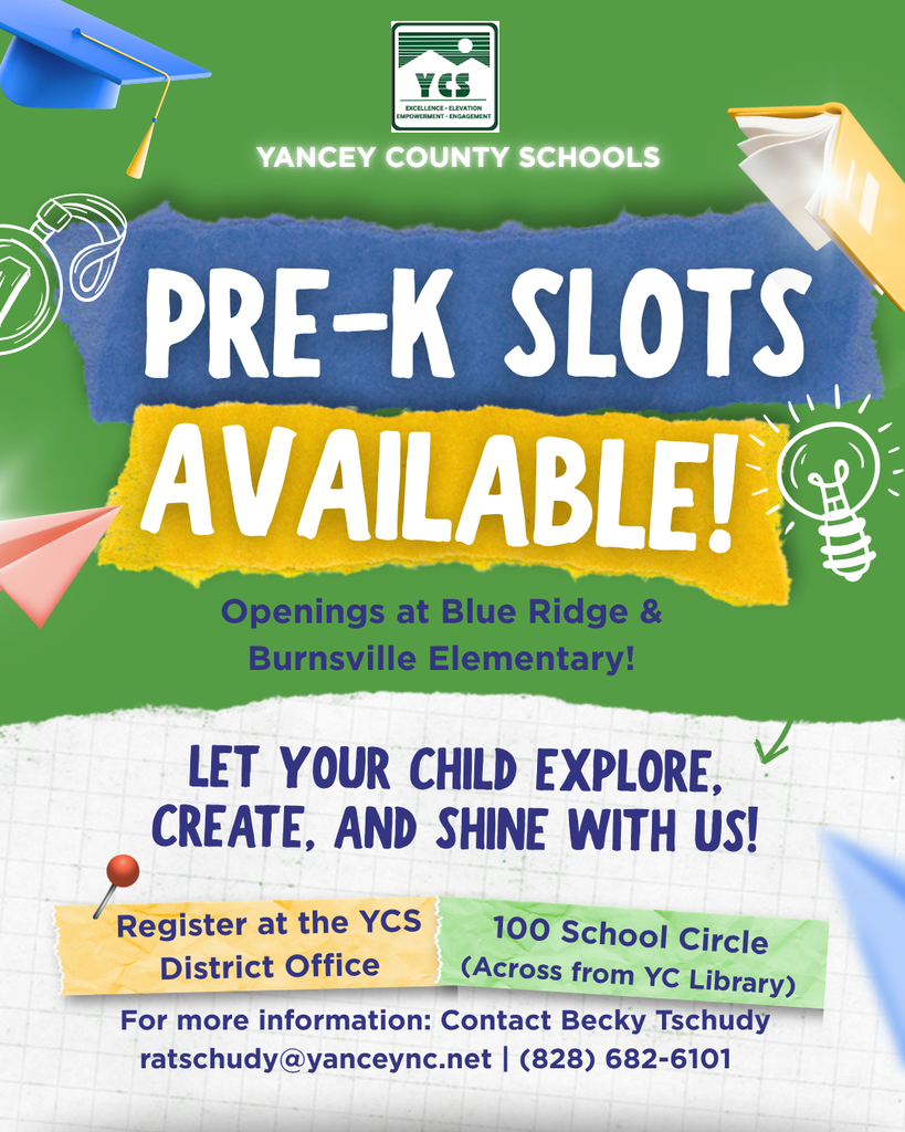preK spots available - contact Becky Tschudy at ratschudy@yanceync.net or 828-682-6101