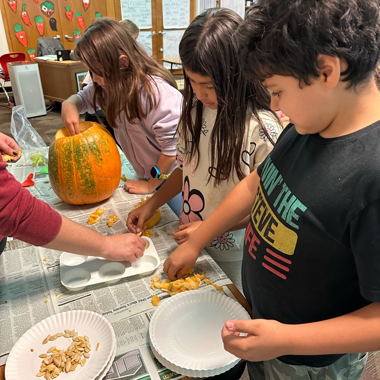 kids digging seeds out of a pumpkin