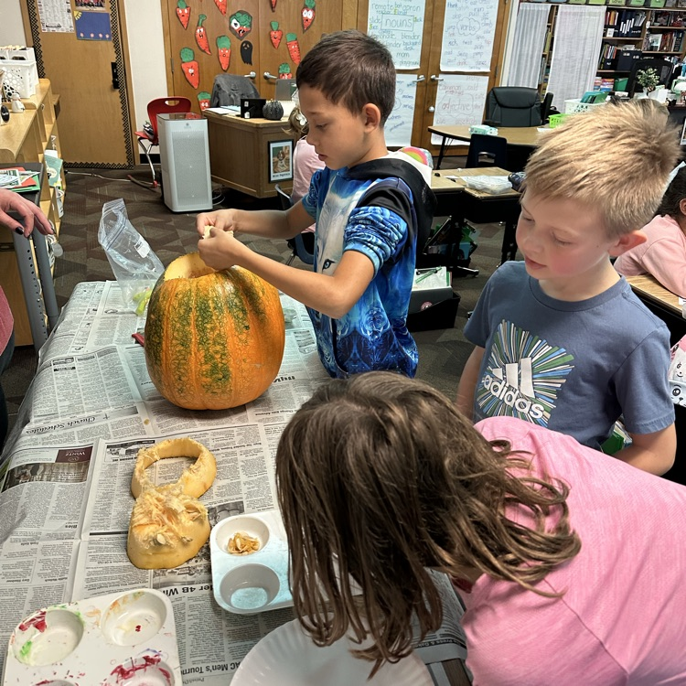 kids digging seeds out of a pumpkin