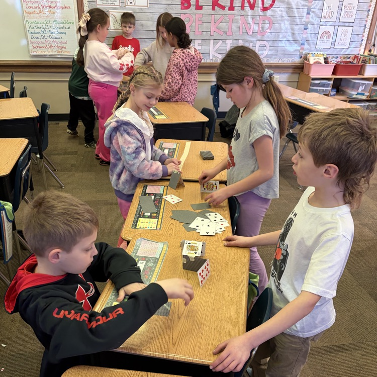 Beadle 2nd Graders in Mrs. Vlasman's class complete the, 'Build a House of Cards' challenge.