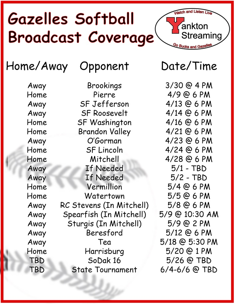 2026 YHS Gazelles Varsity Softball Schedule