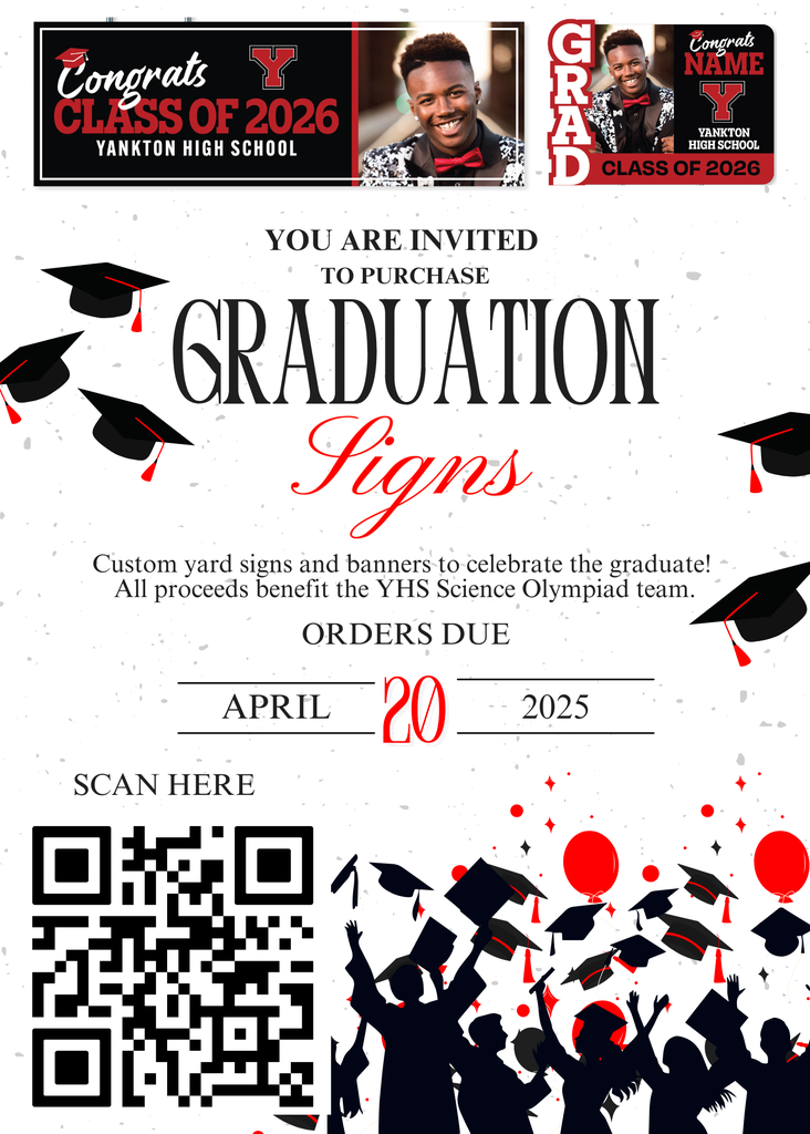 Flyer for custom graduation signs supporting YHS Science Olympiad. 