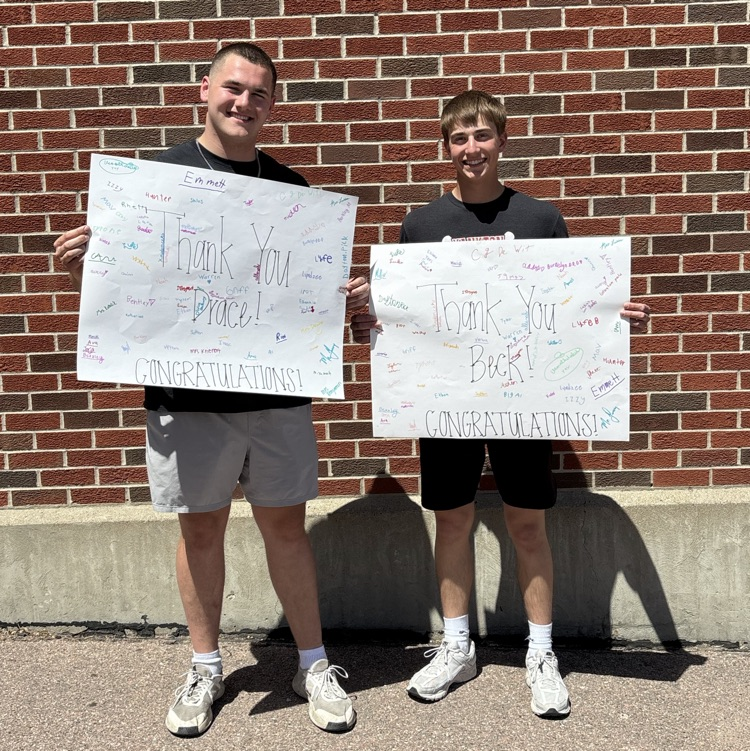The fourth graders at Beadle said "Thank You" and "Congratulations" to their high school friends, Beck and Drace. Good luck on your future adventures!