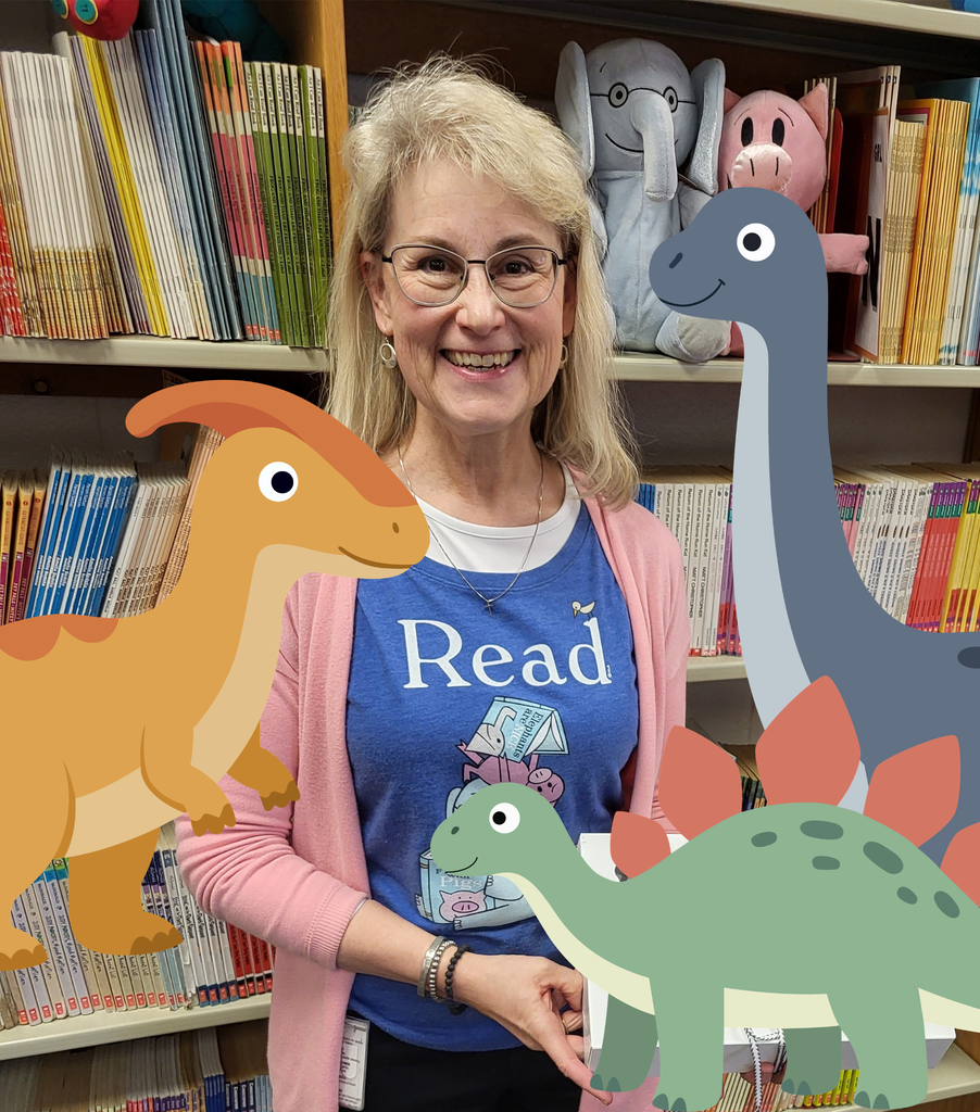Woman surrounded by books and clipart dinosaurs