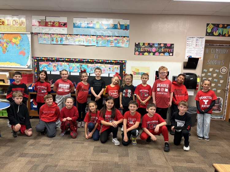 Mrs. Krommenhoek’s class is ready to cheer on the Bucks in our red and black! ❤️🖤🏈