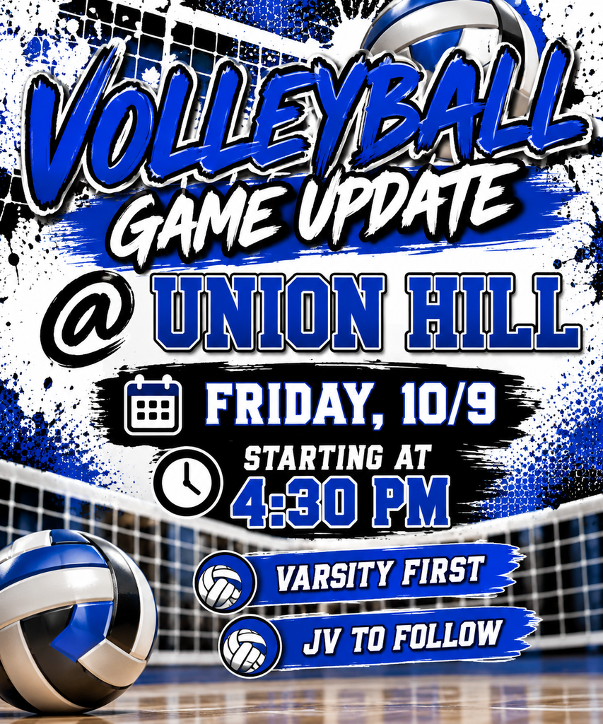 Volleyball game update flyer stating Varsity plays first on Friday October 9th in an away game