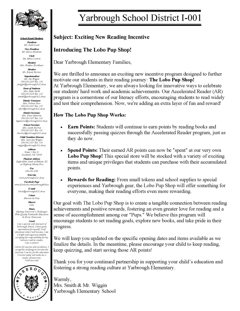 Lobo Pup Shop Letter