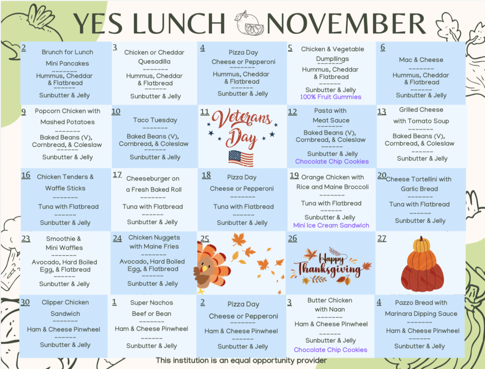 YES November Lunch Menu