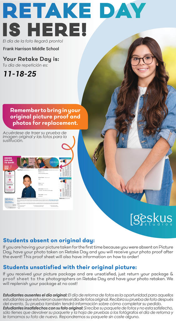 Geskus Retake Picture Day Flyer for November 18th.