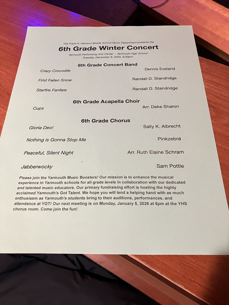 6th Grade Chorus and Band Winter Concert program