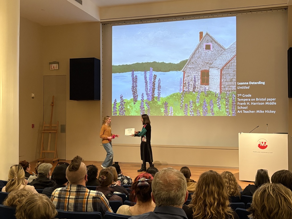 Leanna Deterding, accepting recognition for her piece, Untitled, at the Portland Museum of Art.