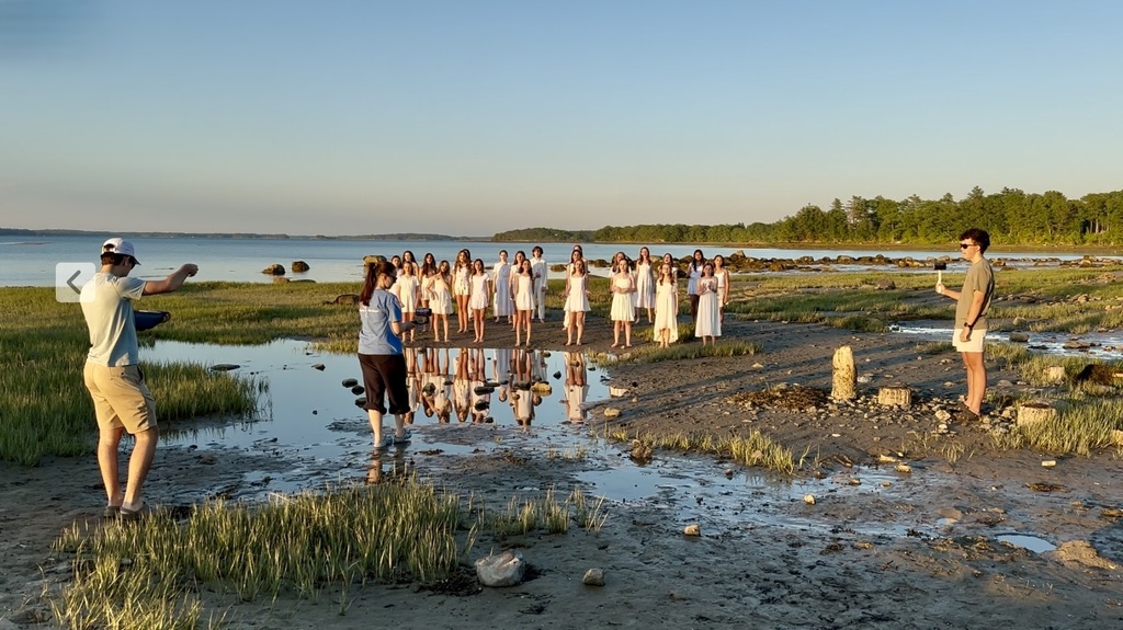 6th grade Acapella Choir filming a video on Cousins Island
