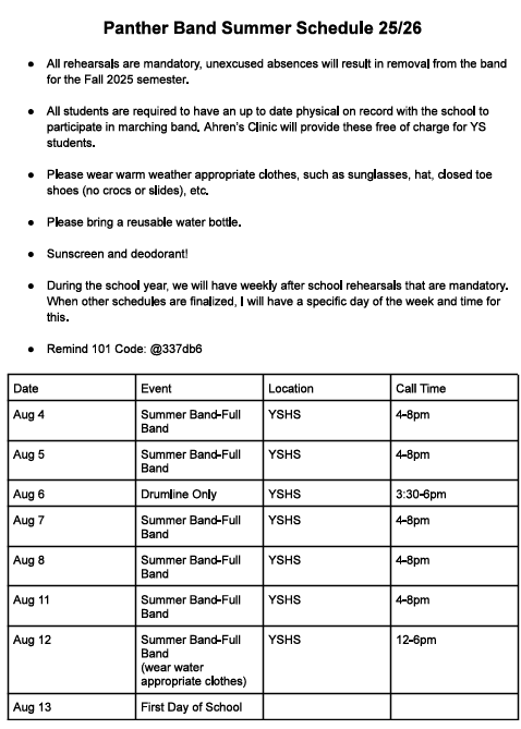 Summer Band Schedule & Info