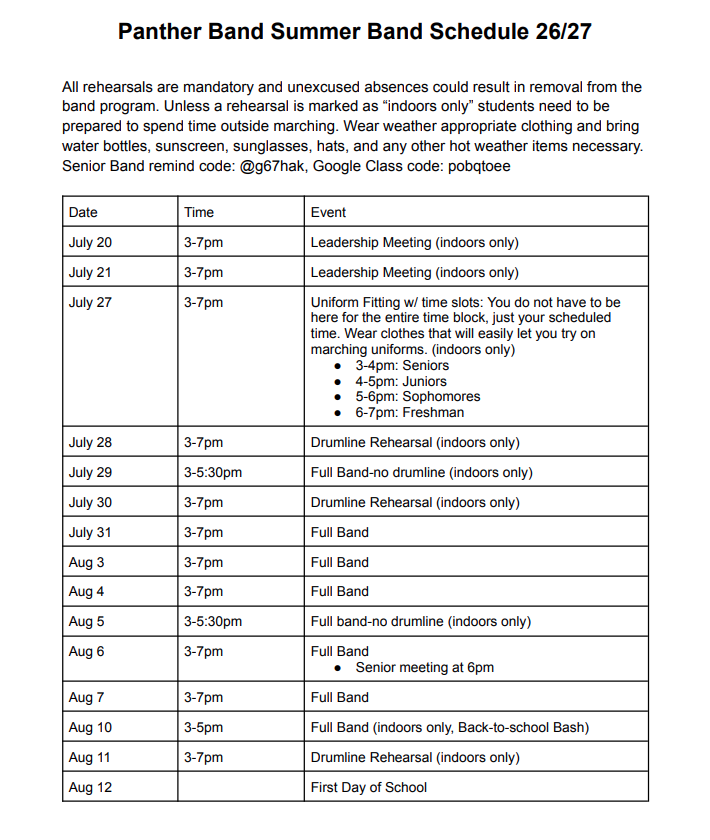 Summer Band Schedule - 26-27