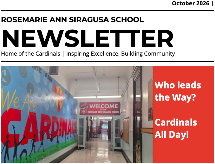 Newsletter Header. Contains main hallway mural and school motto: who leads the way? cardinals all day!