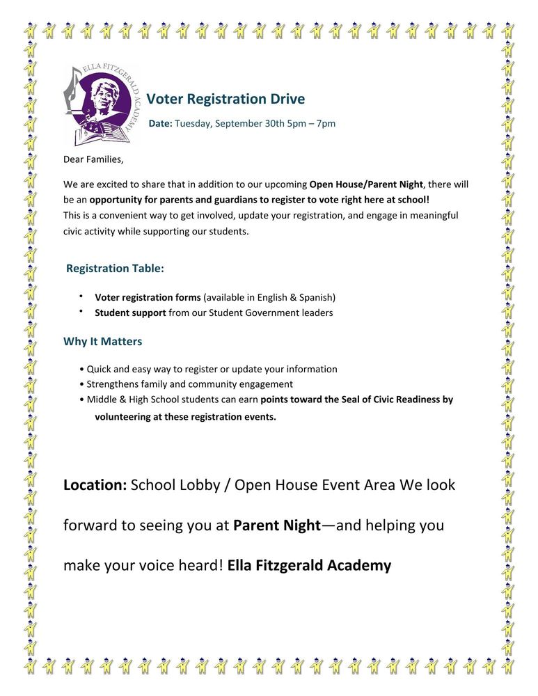 Voter Registration Drive Open House Flyer Ella Fitzgerald Academy 2025-2026