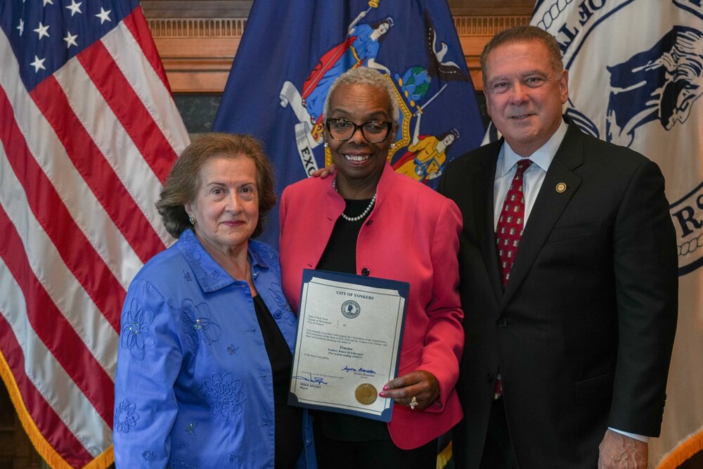 New Board of Education Trustee with Board President and Yonkers Mayor