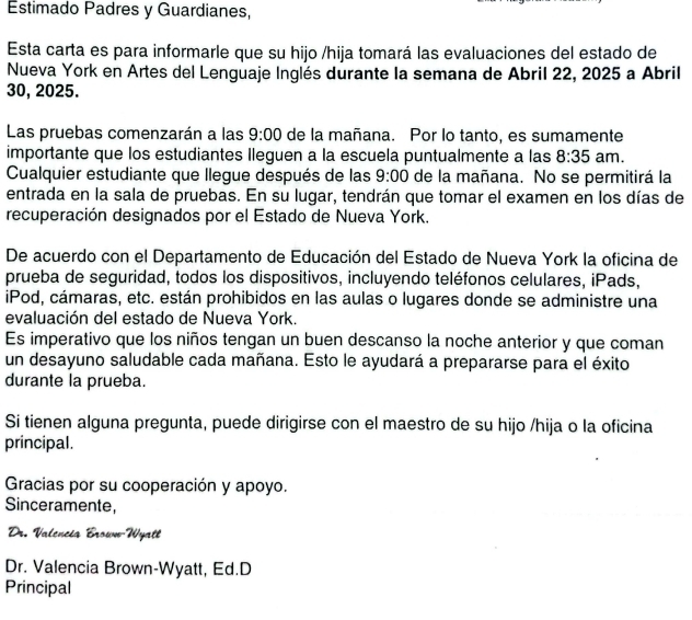 NYS ELA EXAM DATES - Spanish