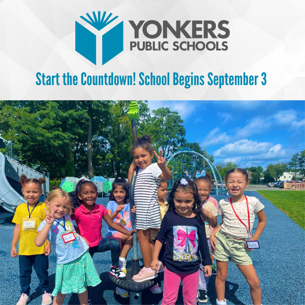 Ten young children smiling and posing together on a sunny day at the School 32 playground. Some hold up fingers making the V for Victory sign, while others beam with excitement. They are dressed in colorful summer clothes, and playground equipment and trees are visible in the background. The Yonkers Public Schools logo appears above the embedded text  that reads: Start the Countdown! School Begins September 4