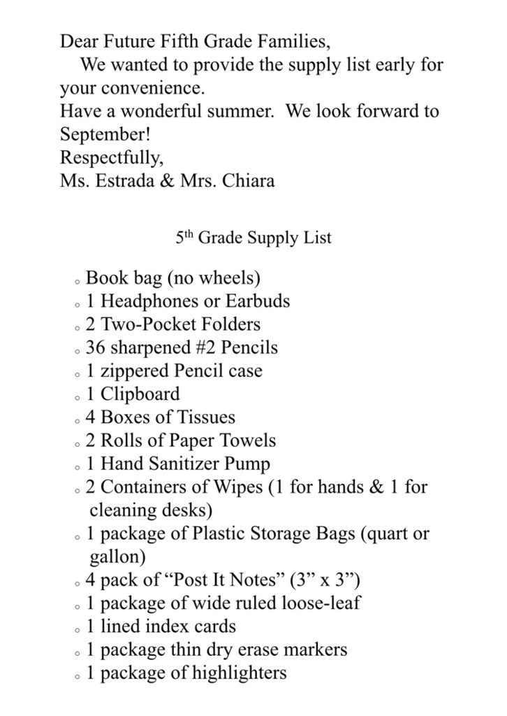 5th Grade School Supplies 