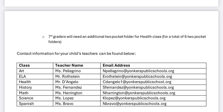 Middle School contacts 