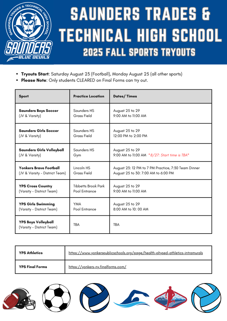 2025 Fall Sports Tryout Schedule. Football starts Saturday 8/23,  all other sports start Monday 8/25